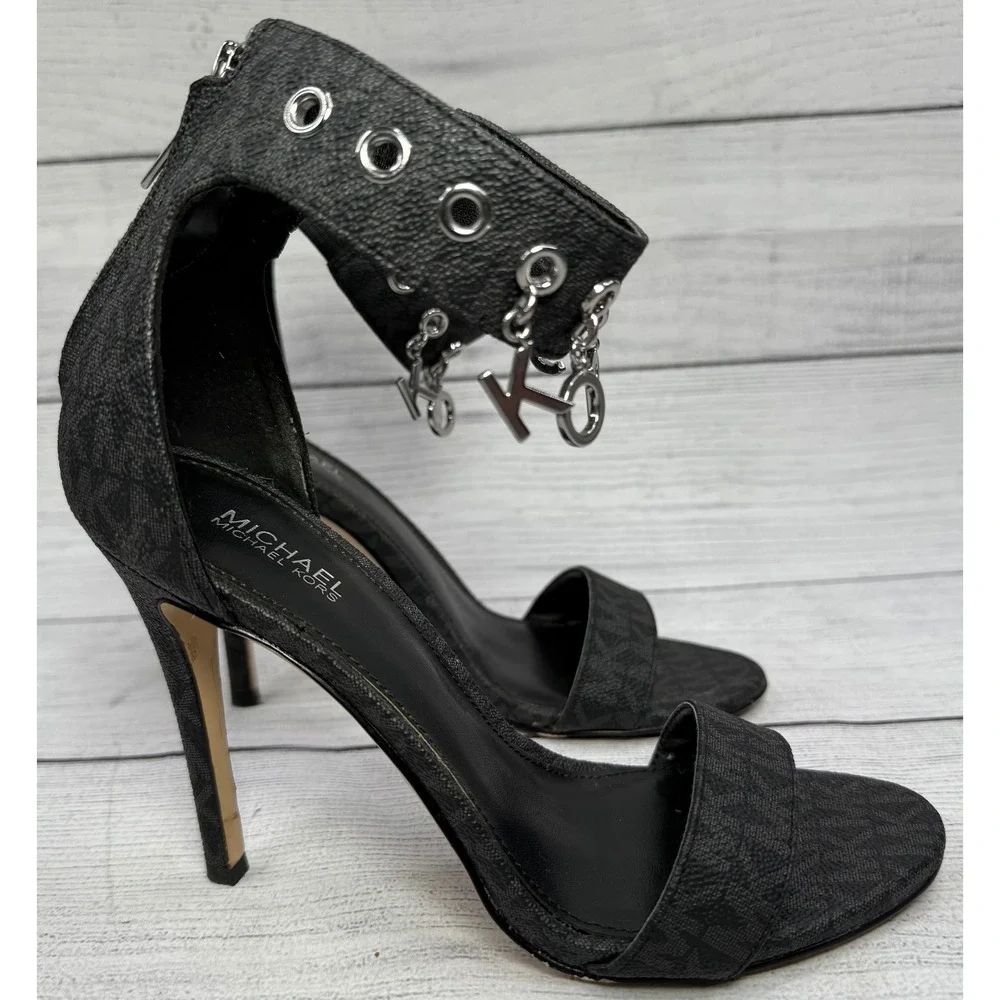 Michael Kors Black Kelli Logo‎ Charm Ankle Strap Heeled Sandals Size 6M